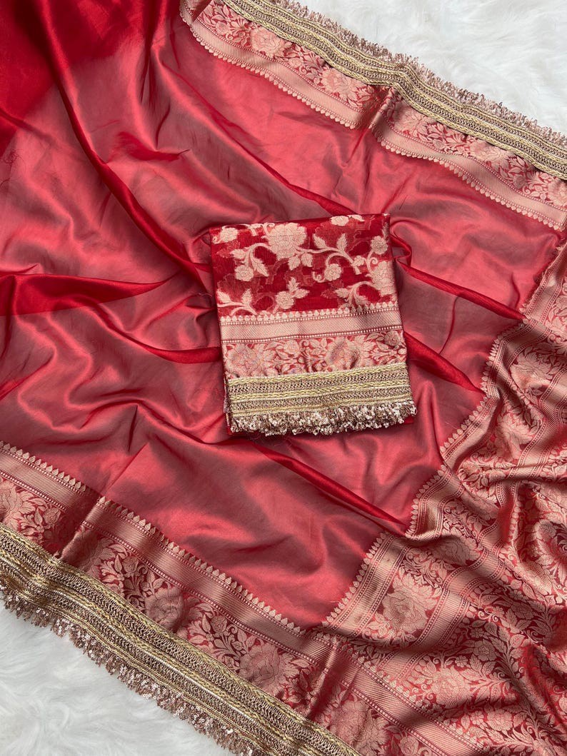 Banarasi Tissue Silk Saree: Red Zari Woven Floral Border, Wedding Lace