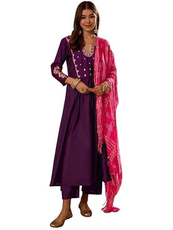 Women Purple Plus Size Embroidered Indian Rayon Kurta Top & Trouser With Dupatta