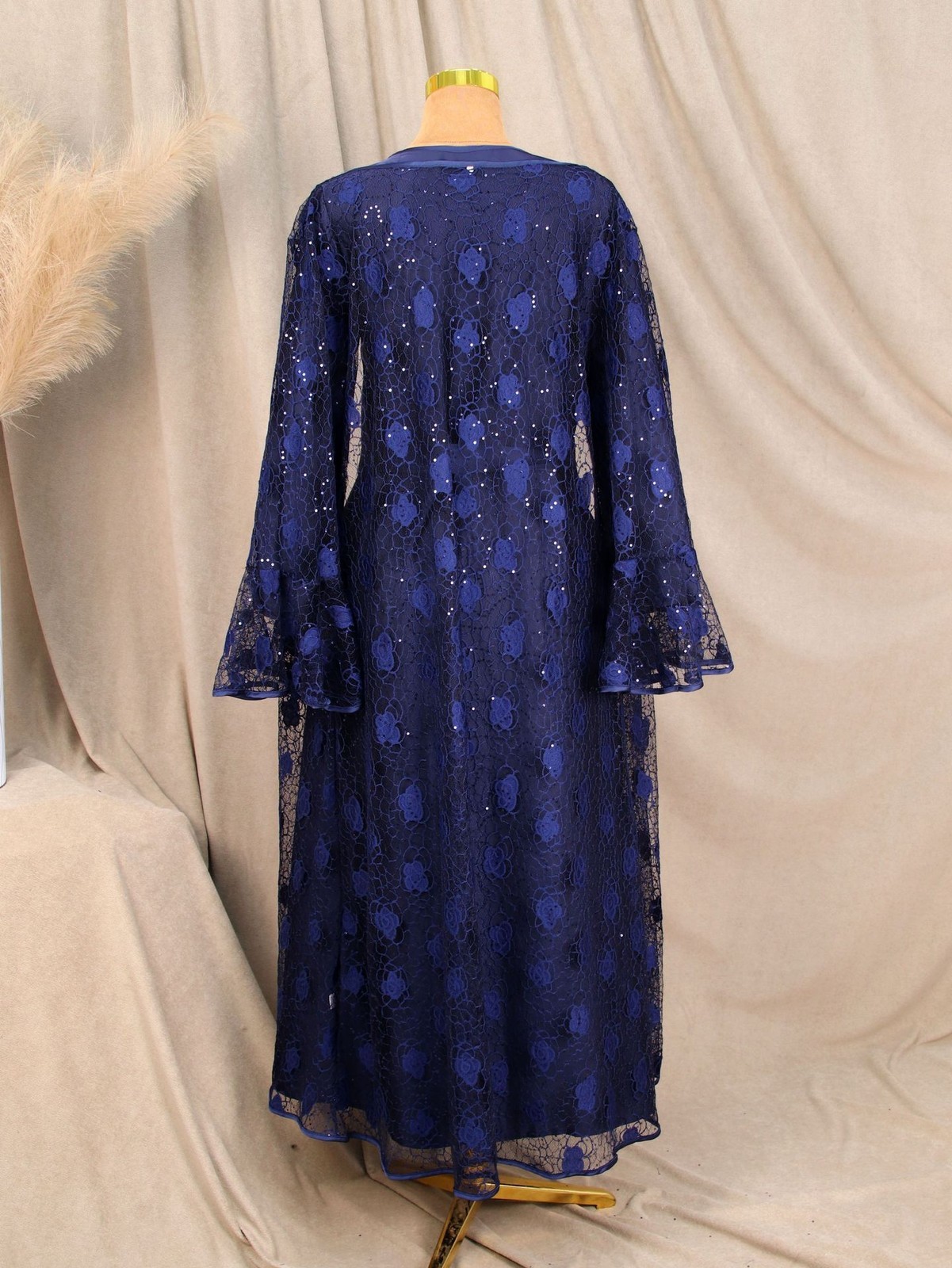 2PCS Muslim Women Abaya Dress Set Flare Sleeve Lace Sequin Caftan Dress Cadigan