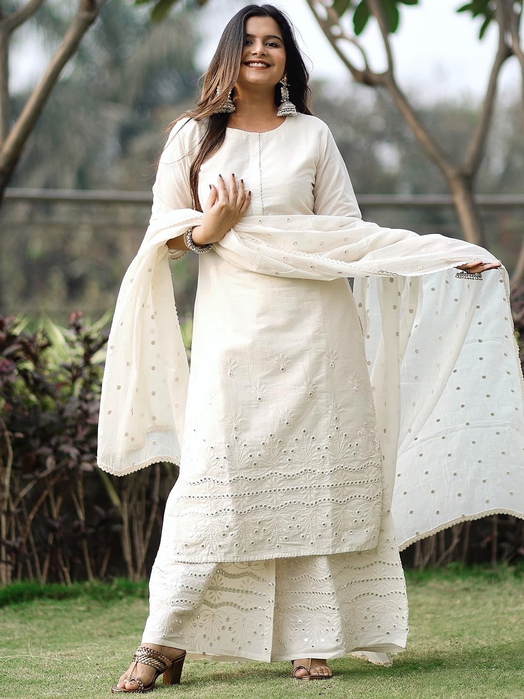 Women Embroidered Cotton Straight Kurta & Palazzo With Dupatta