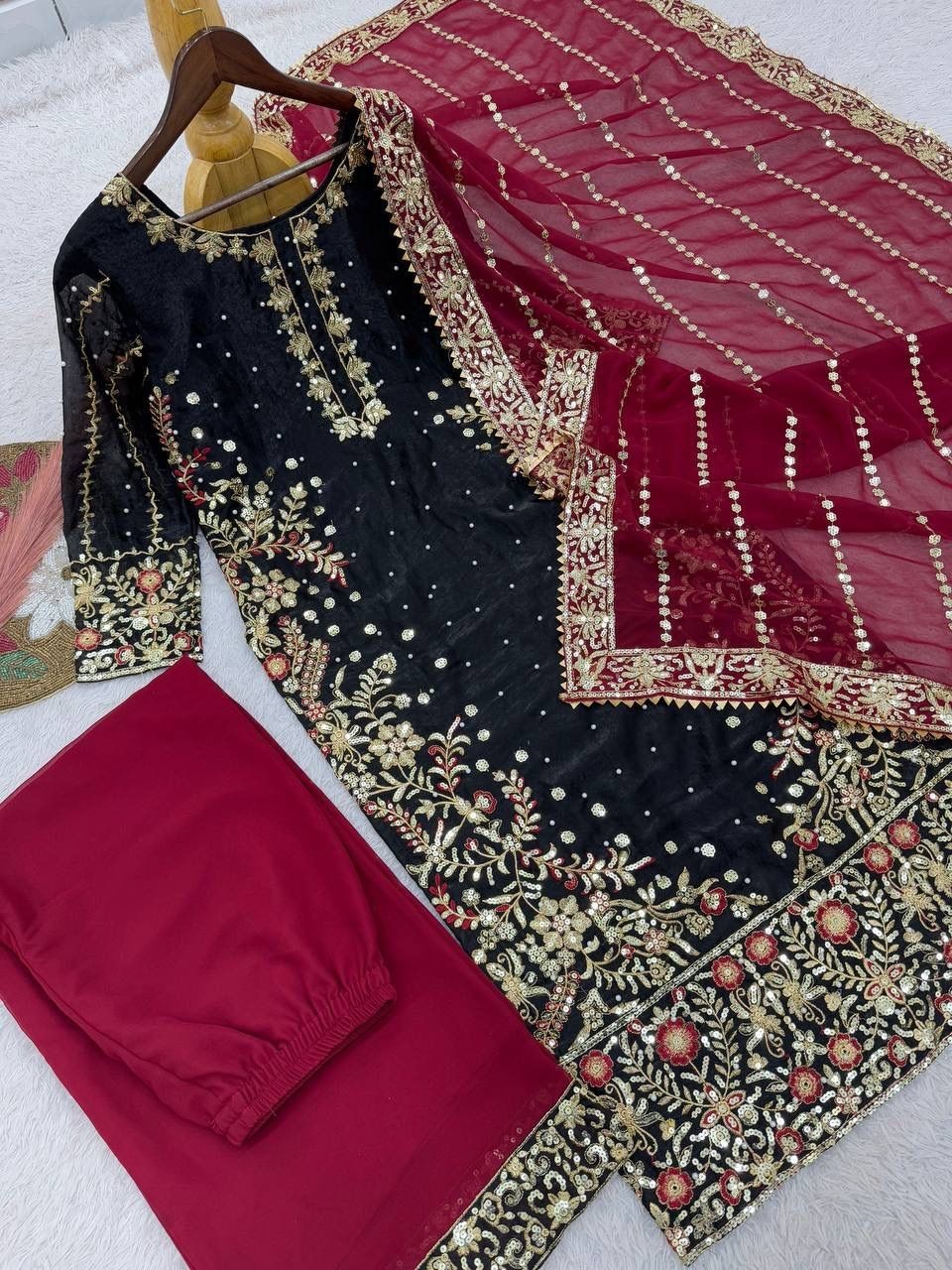 New Designer Heavy Silk Black Kurta Palazzo With Dupatta For Reception Wear