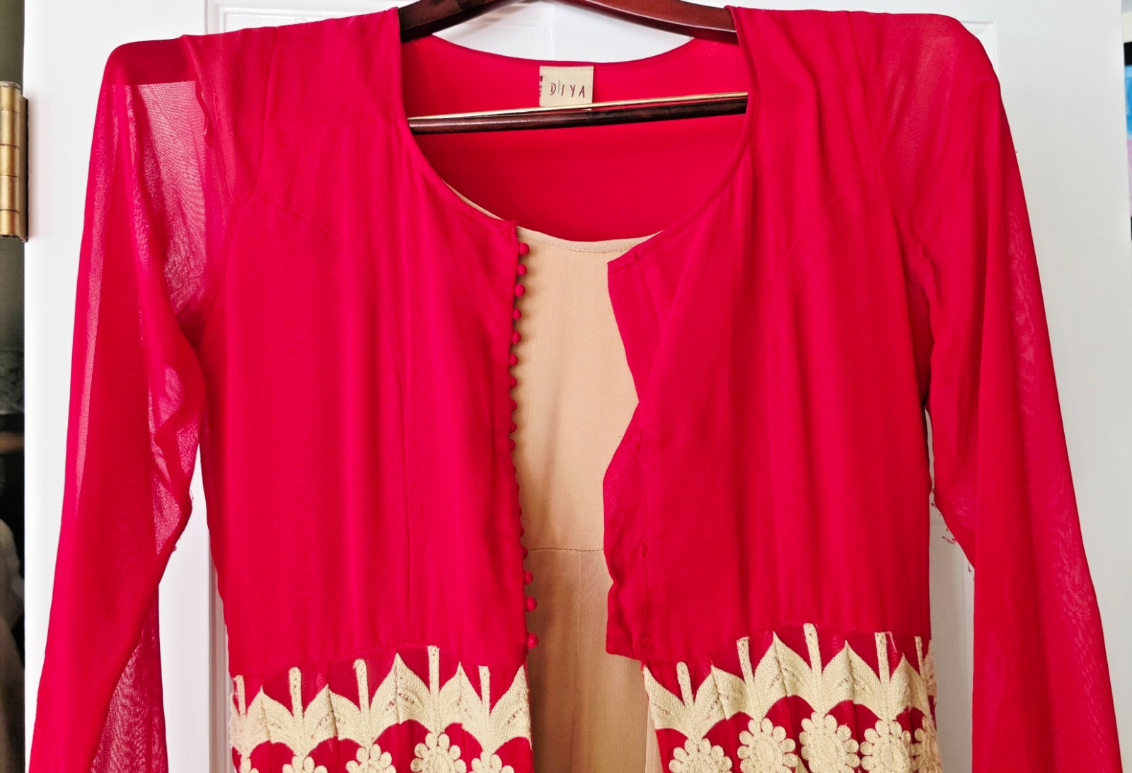 Stunning 3 Piece Ruby Red Chiffon Front-Slit Anarkali Embroidered Gown Size L