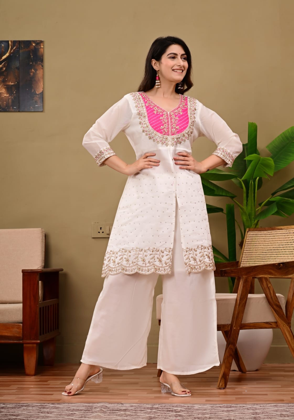 Beautiful Traditional “Designer White and Green Embroidered Kurta Palazzo Set