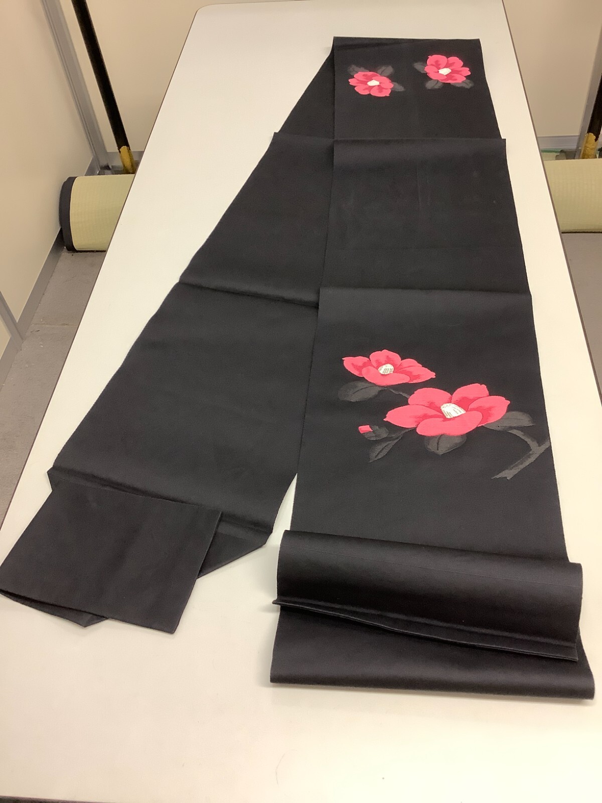 Japanese Vintage Kimono Nagoya Obi silk black embroidery flower 137.7×12.2in