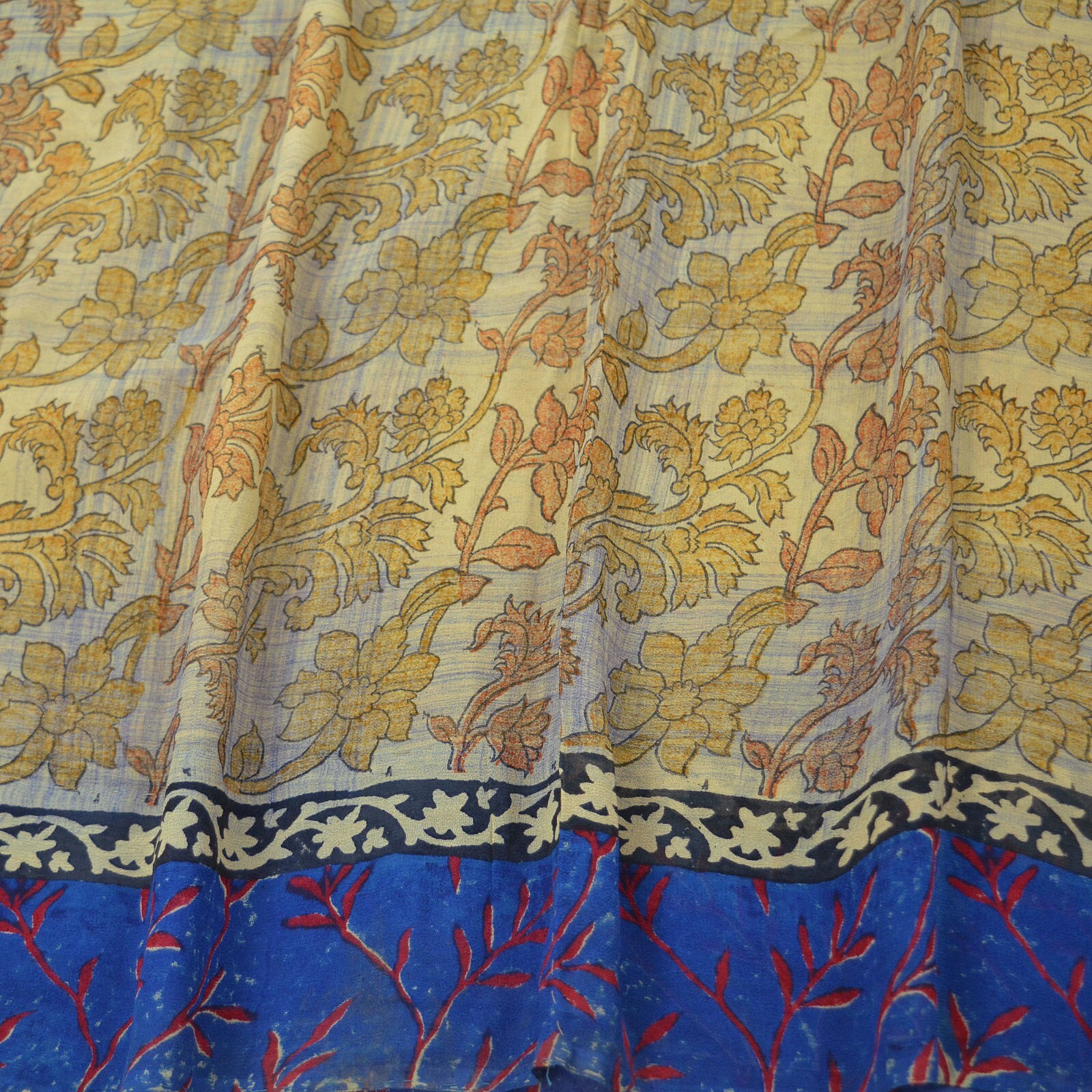 Indian Vintage Sari Beige & Blue Pure Georgette Silk Sarees Craft Fabric Sewing