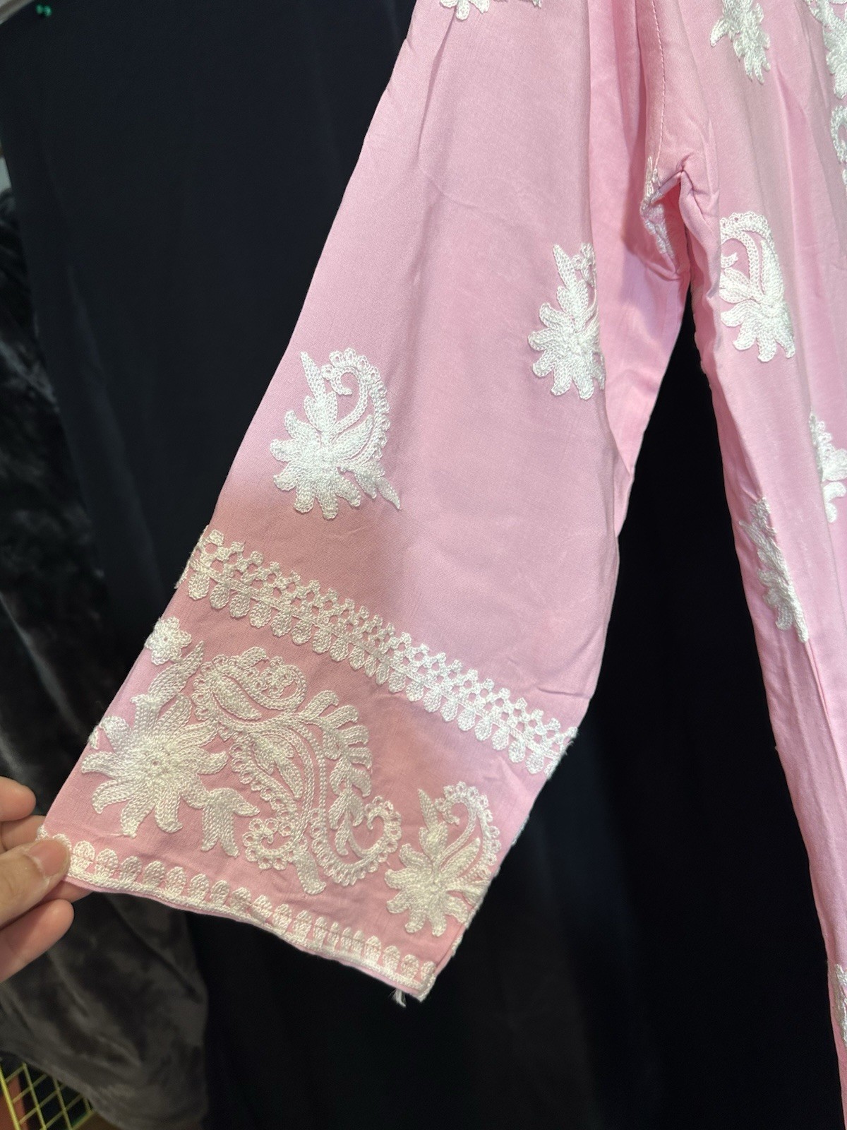 Beautiful soft linen Front & back emb-3 pc suit-emb plazo, laced dupatta-$44