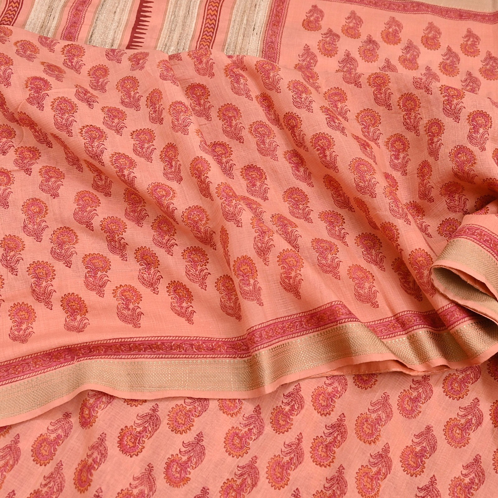 Indian Vintage Peach Block Printed Pure Chanderi Silk Saree Floral woven Border