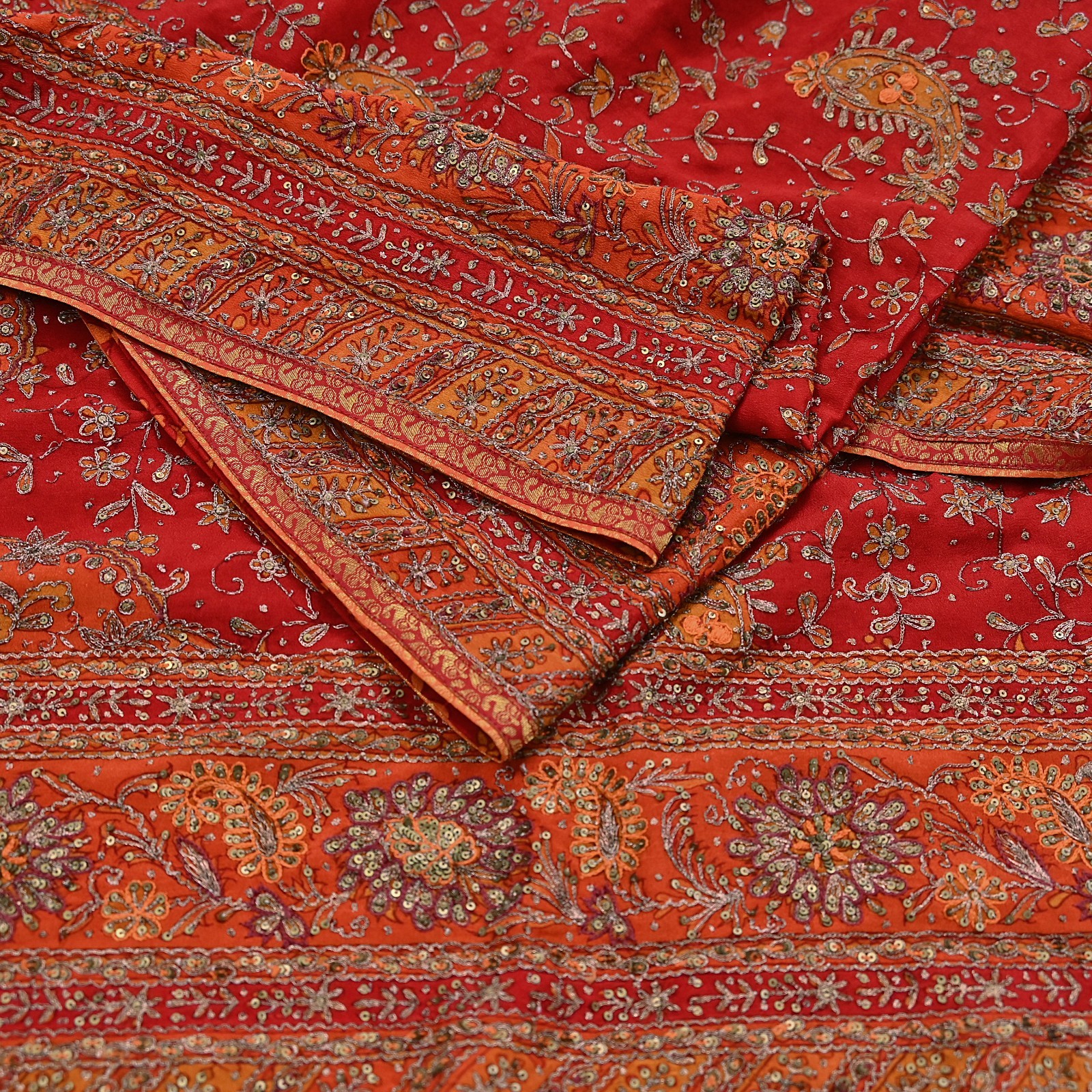 Pre-owned Orange Pure Silk Hand Embroidered Ritu Kumar Designer Lehenga 3pcs set