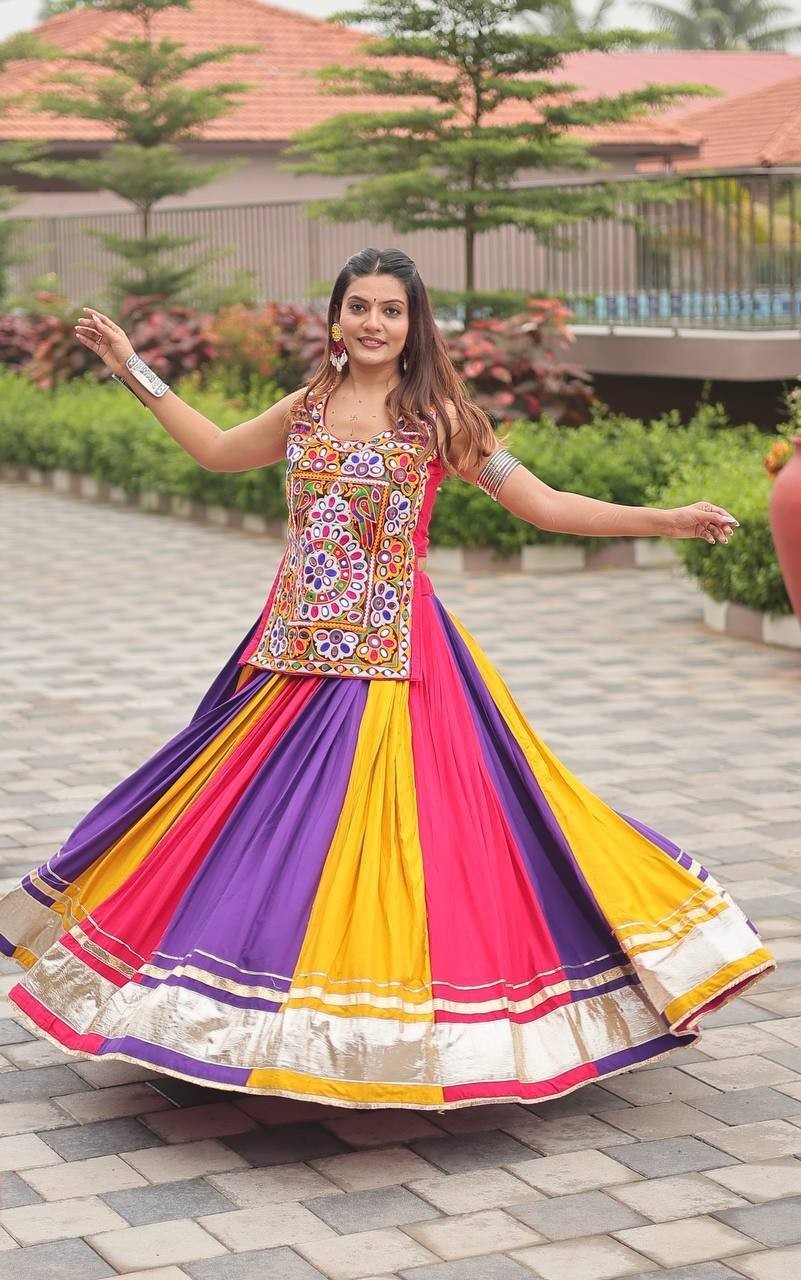 Indian Multicolor Pure Cotton Lehenga Choli Set Women Kutchi Embroidery Navratri