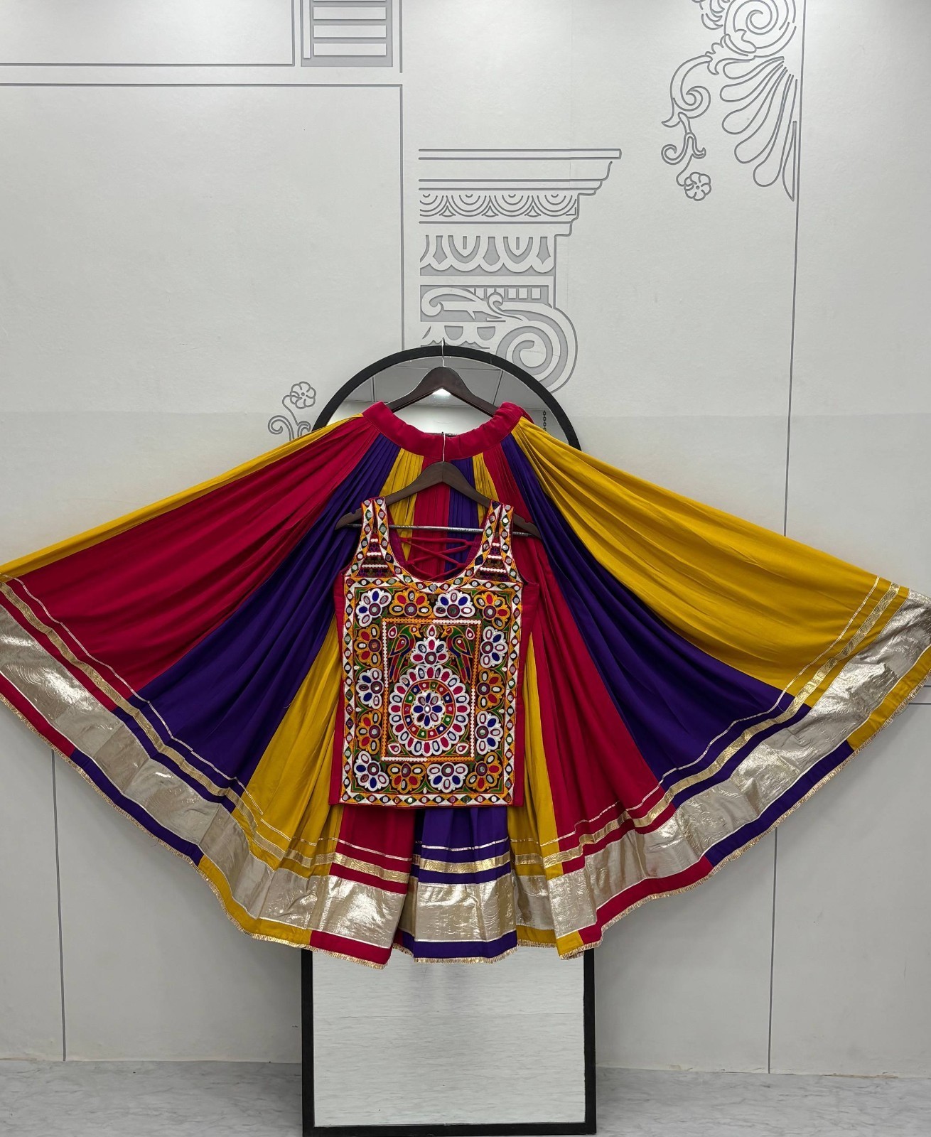 Indian Multicolor Pure Cotton Lehenga Choli Set Women Kutchi Embroidery Navratri