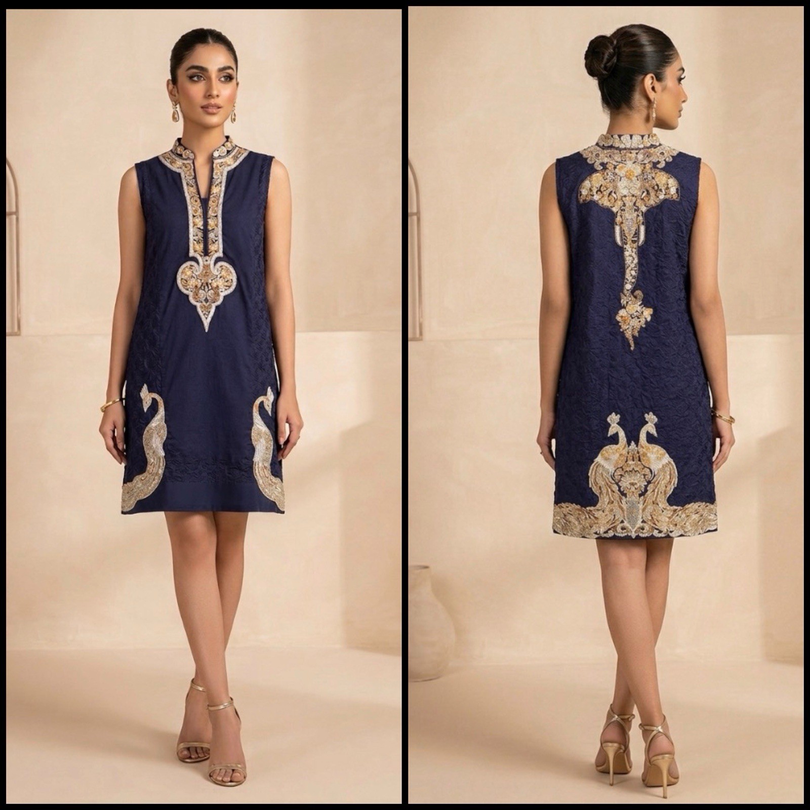 Sapphire Ornate Pakistani Peacock Embroidered Shift Gold Accents Dress Tunic S