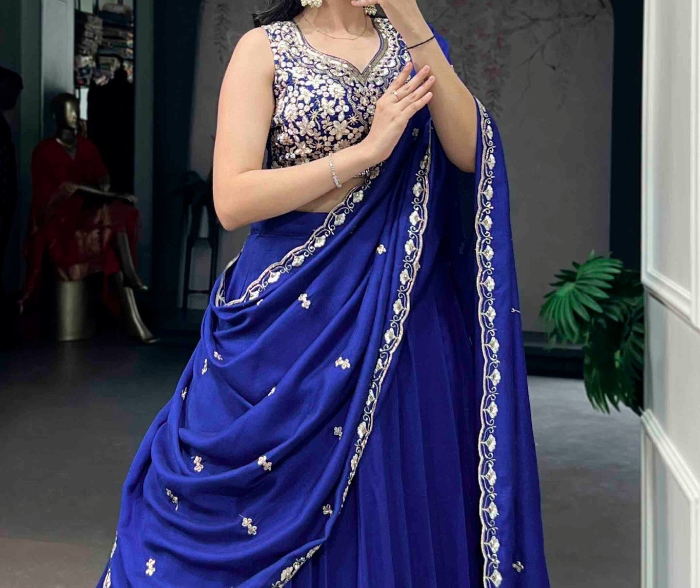 Bollywood Style Kashmiri Blue Lehenga Choli With Dupatta For Women & Girls