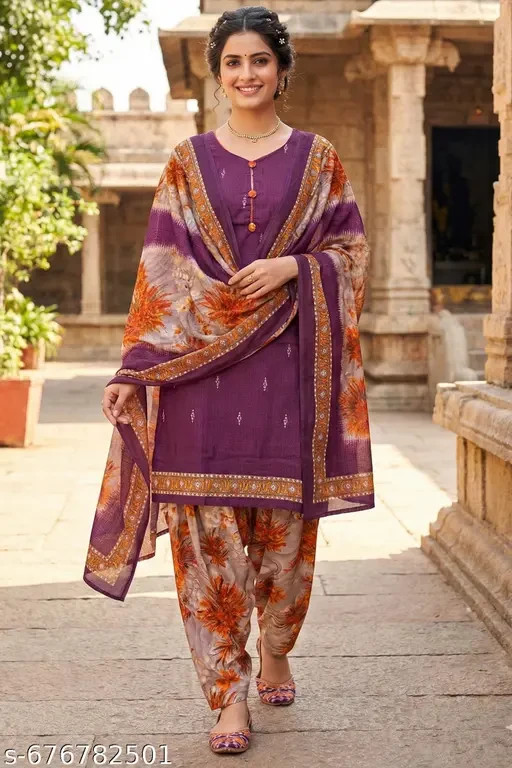Wine Cotton Blend Printed Ready to Wear Patiala Salwar Suit