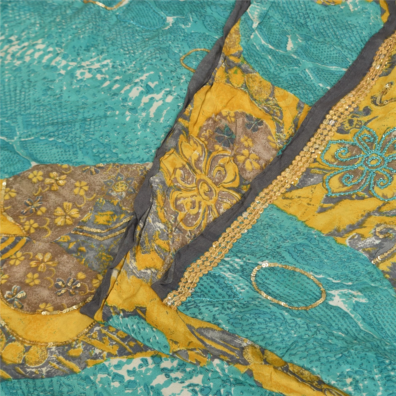 Sanskriti Vintage Sarees Blue & Yellow Pure Crepe Print Embroidered Sari Fabric