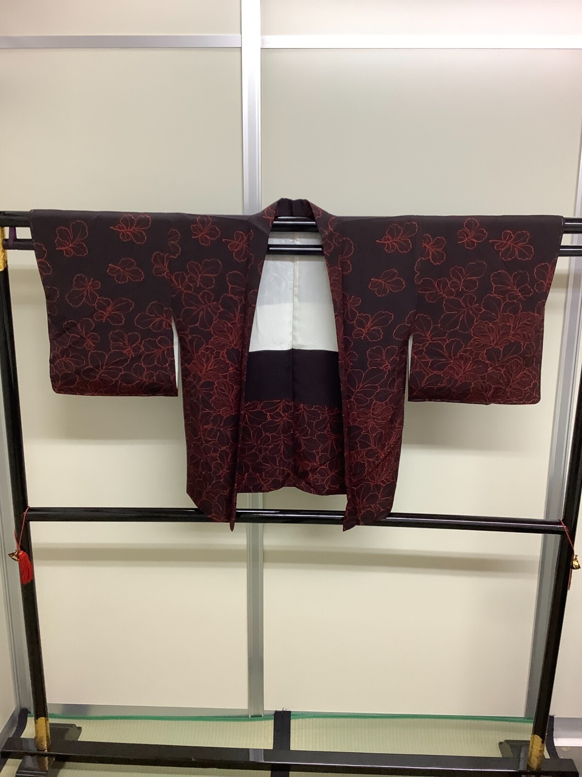 Japanese Vintage Kimono Haori Jacket silk dark brown leaf Height 29.92inch