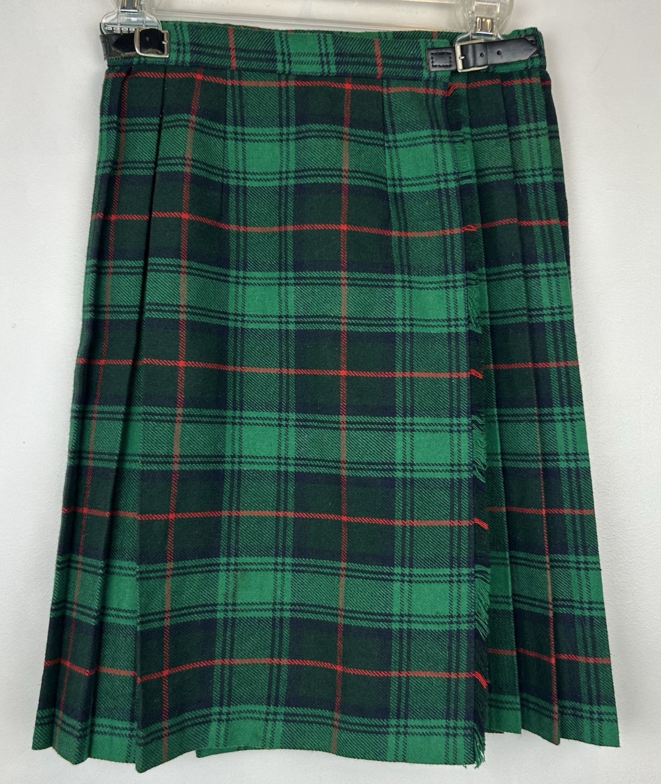 Vintage Kilt Scottish Tartan Sz 30 Green Pleated Leather Buckles Waist 24″