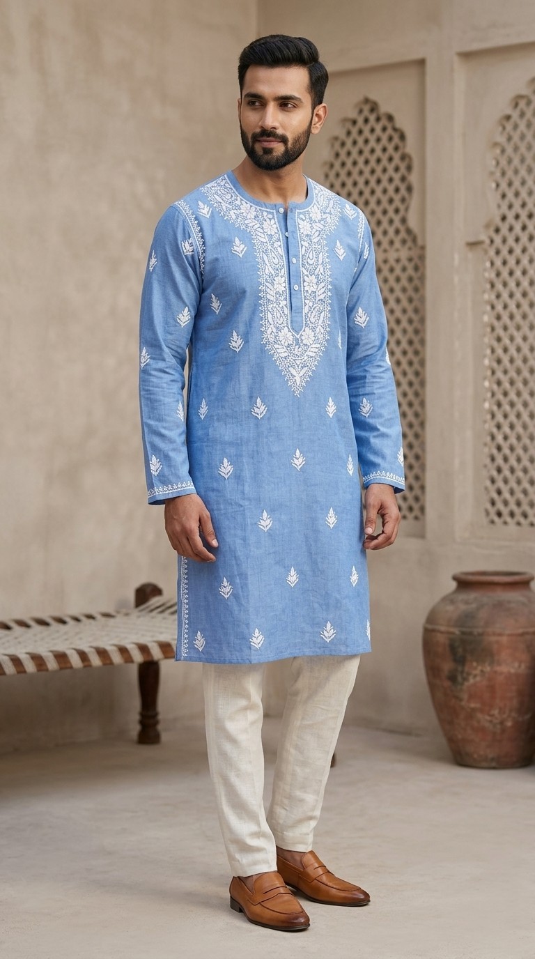 MEN KURTA M L XL 2XL 3XL 4XL DENIM COTTON ETHNIC HANDMADE CHIKANKARI EMBROIDERED