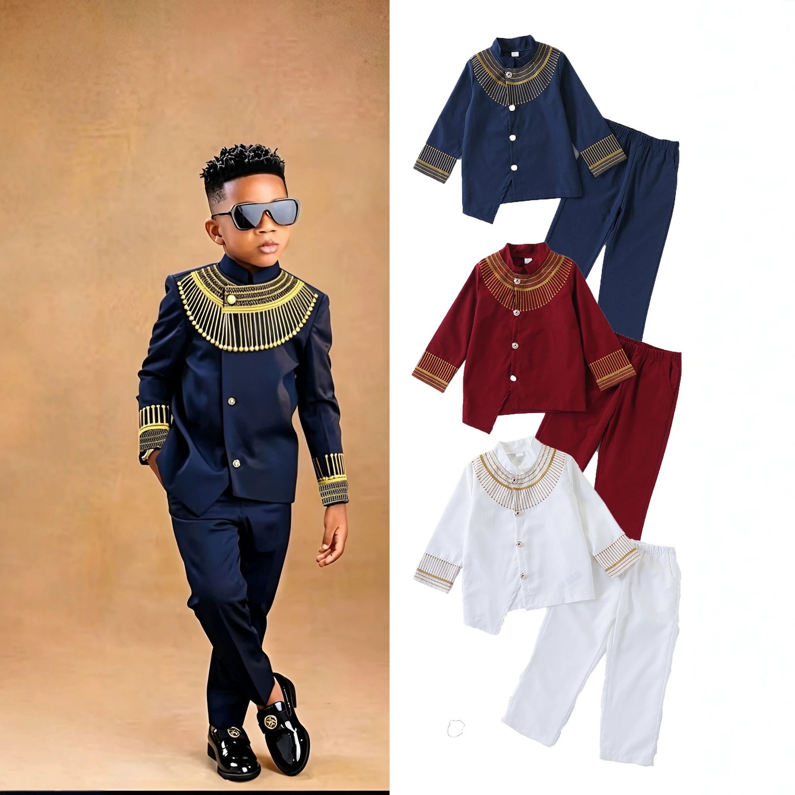 Kids Boys African 2Pcs Outfit Long Sleeve Blouse Shirt+Pants Suit Boho Outfits