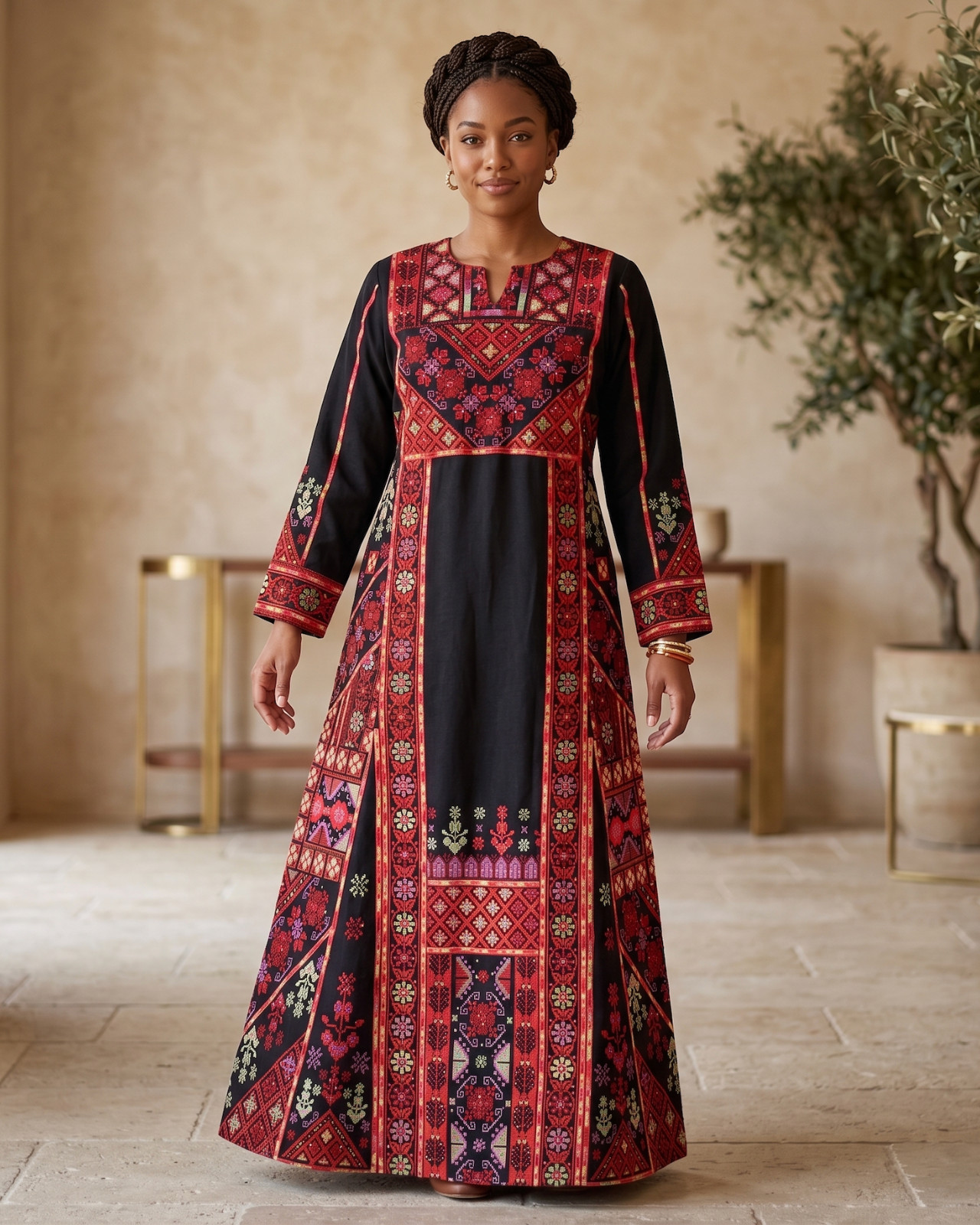 Palestinian Tatreez Dress–Vibrant Multicolored Floral Thobe – Embroidered Abaya