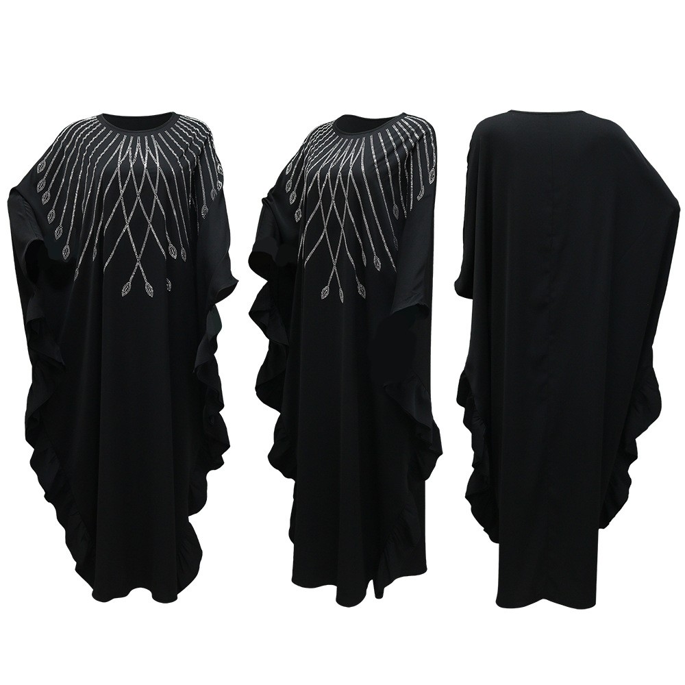 Muslim Rhinestone Decorated Abaya Cape Batwing Sleeve Kaftan Ruffled Dress Robe