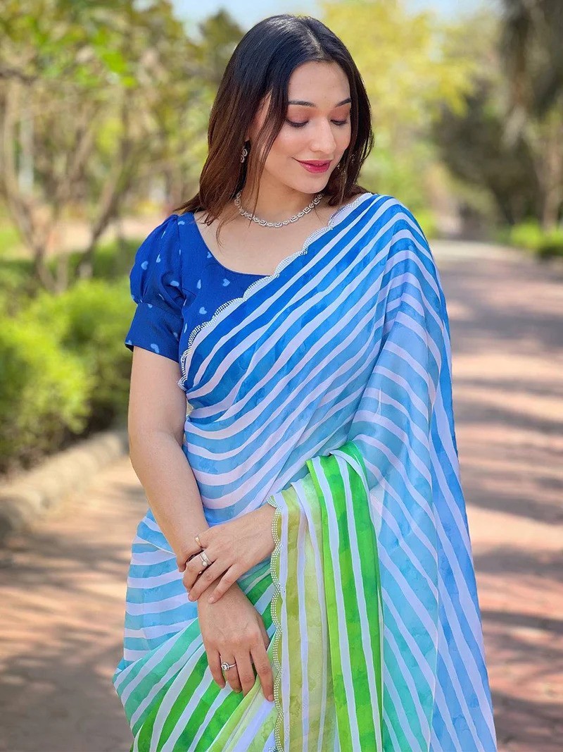 Striped Green And Blue Satin Georgette Leheriya Saree With Unstitched Blouse