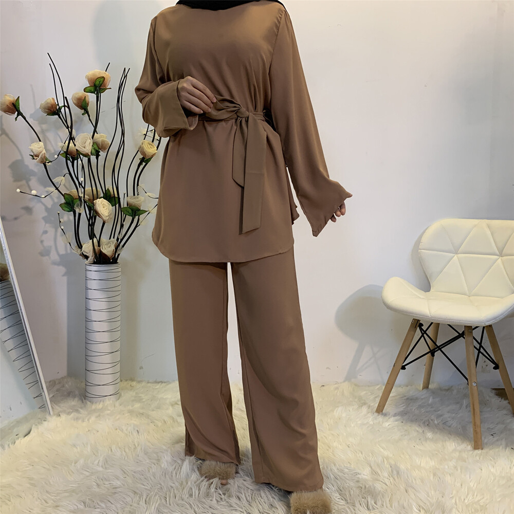 Muslim Long Sleeve Top Pant 2pcs Set Abaya Women Kaftan Dress Islamic Clothing