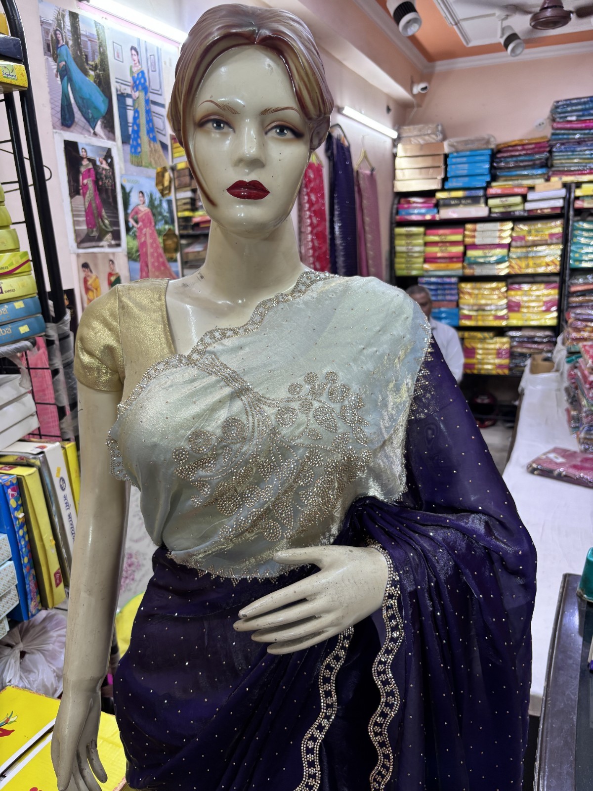 Glossy Satin Fendi Sworski diamond Work Saree
