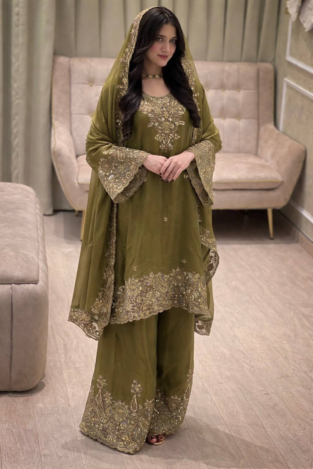 Pakistani Mehendi Green Straight Designer Salwar Kameez Ready Wear Wedding Party