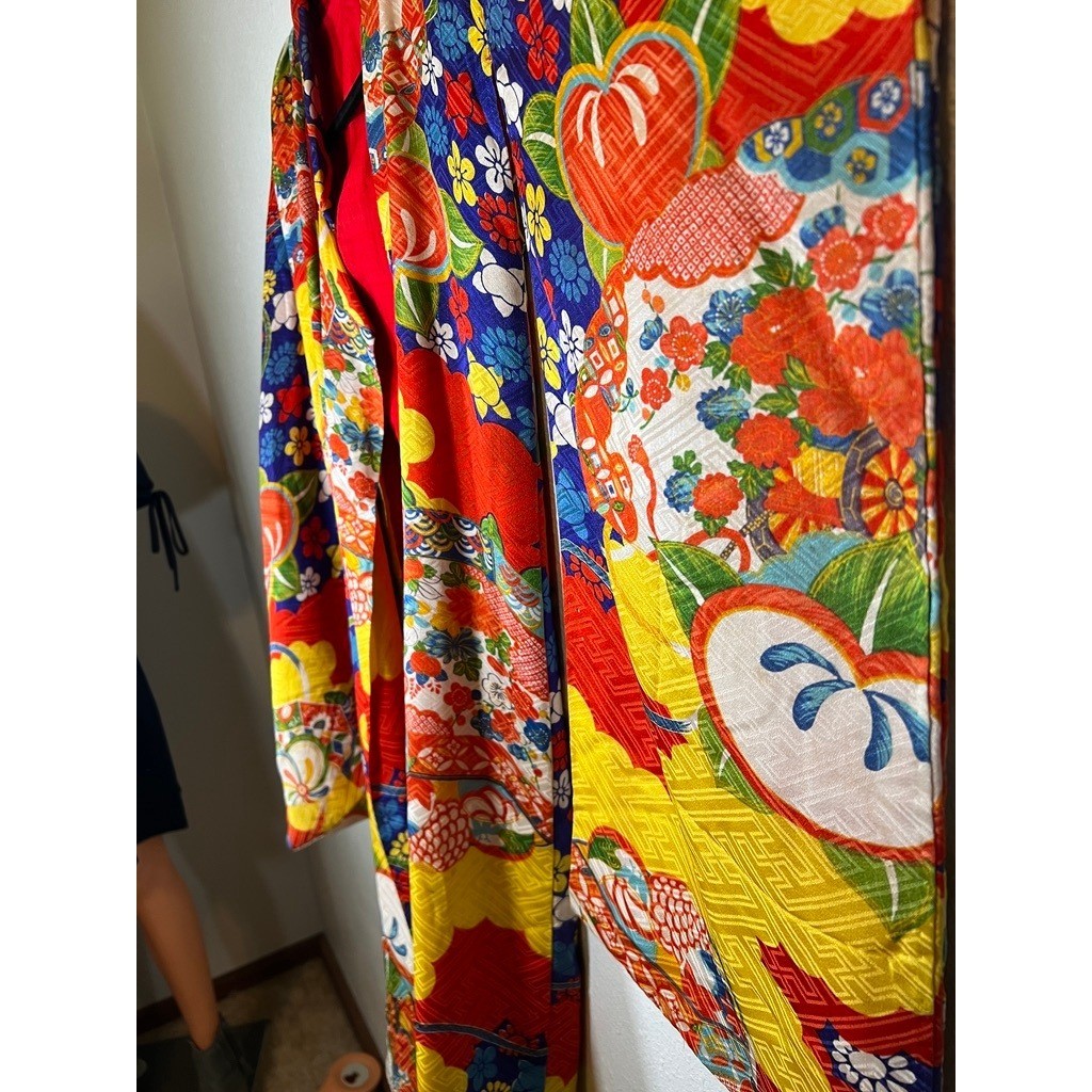 Vintage 70s Handmade Kimono Robe Japanese Childrens Multicolor Floral Fruit