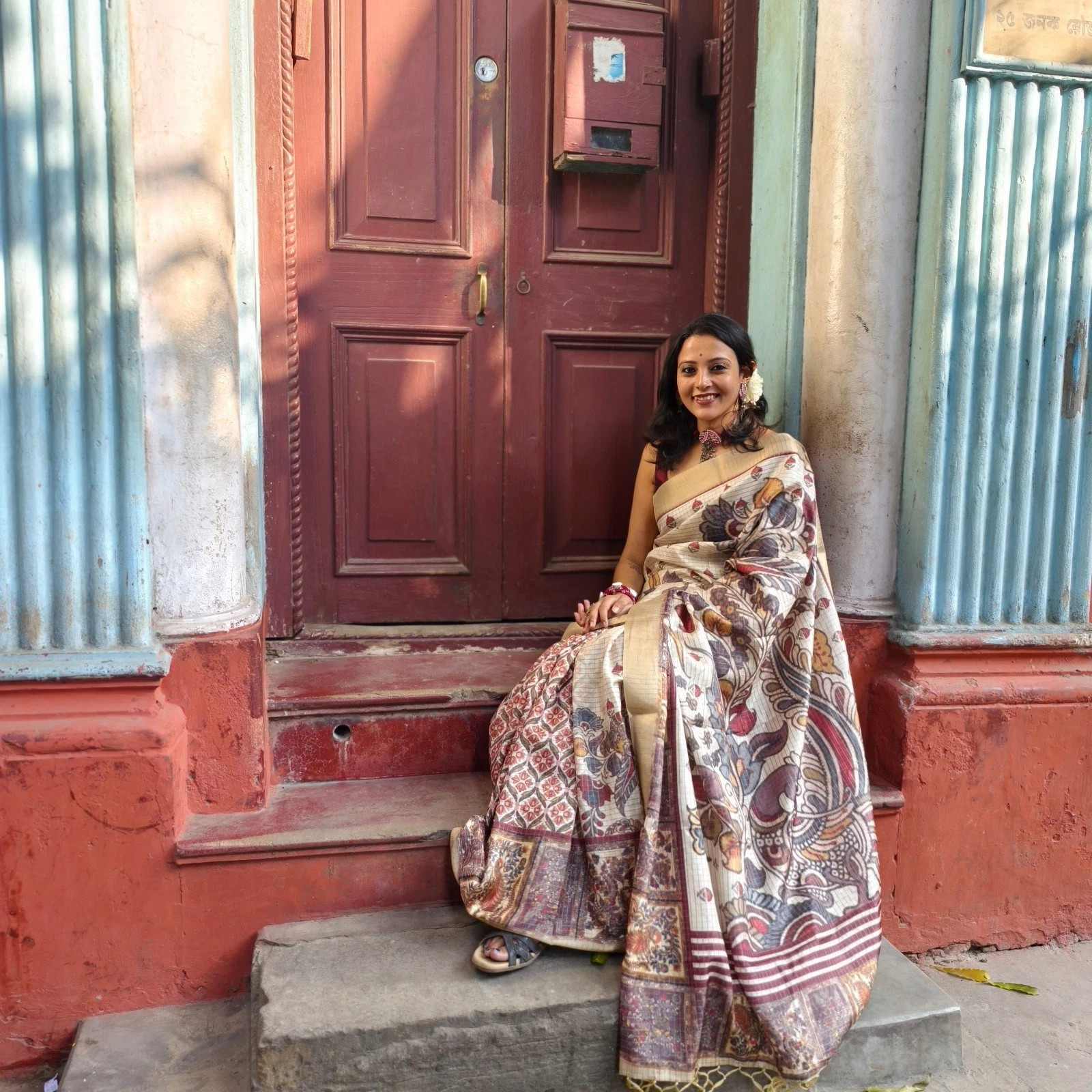 Kalamkari Art Linen Cotton Saree – Traditional Buti Print with Maroon & Mustard