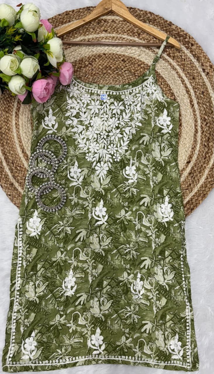 Chikankari Handwork Embroided Premium Kurtis Premium Green (Tariff free)