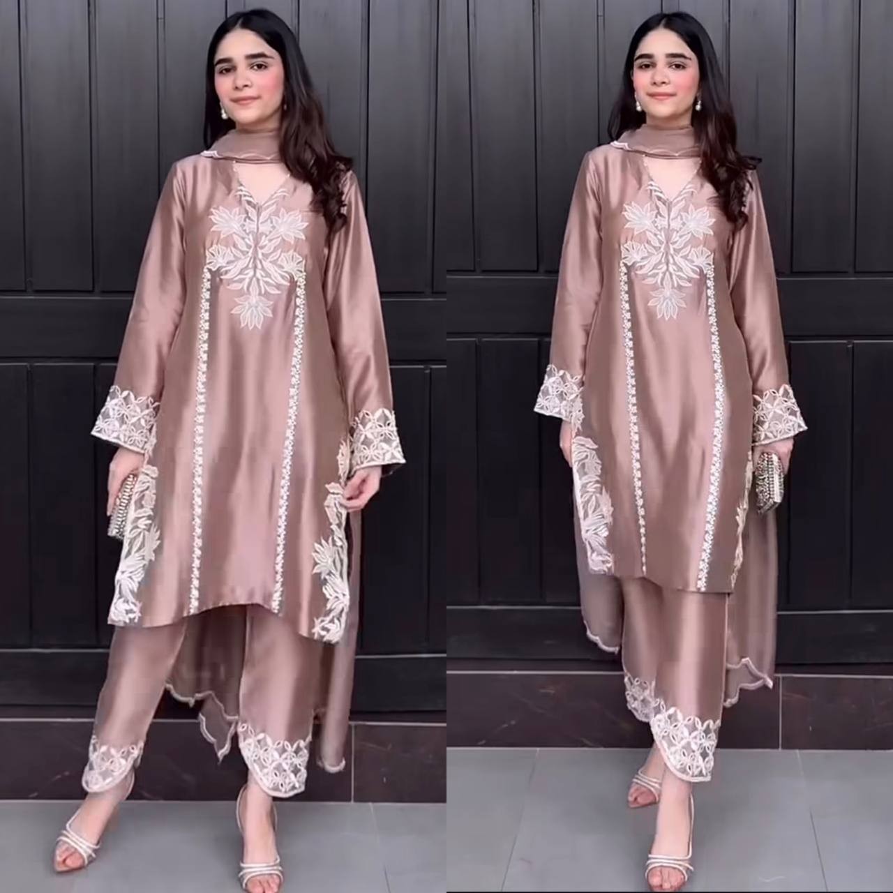 New Style Dusty Pink Natural Crepe Silk Salwar Kameez With Dupatta For Women