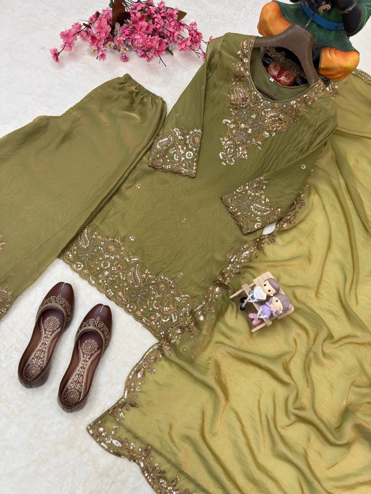 Pakistani Mehendi Green Straight Designer Salwar Kameez Ready Wear Wedding Party