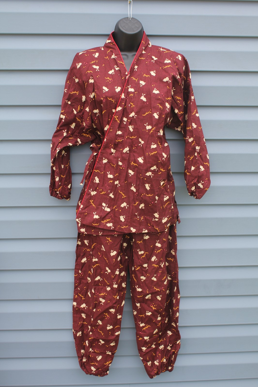 Japanese Kimono Samue Women Bunny Rabbits Pattern Komon OSFM NEW Brown Working