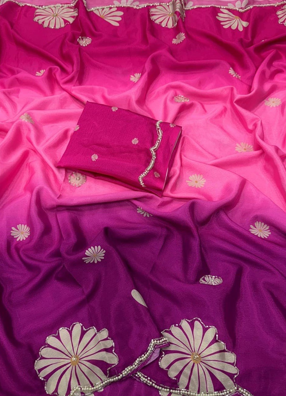 Soft Chinon Digital Print Silk Saree with Cutdana & Khatli Work| Moti Work Saree