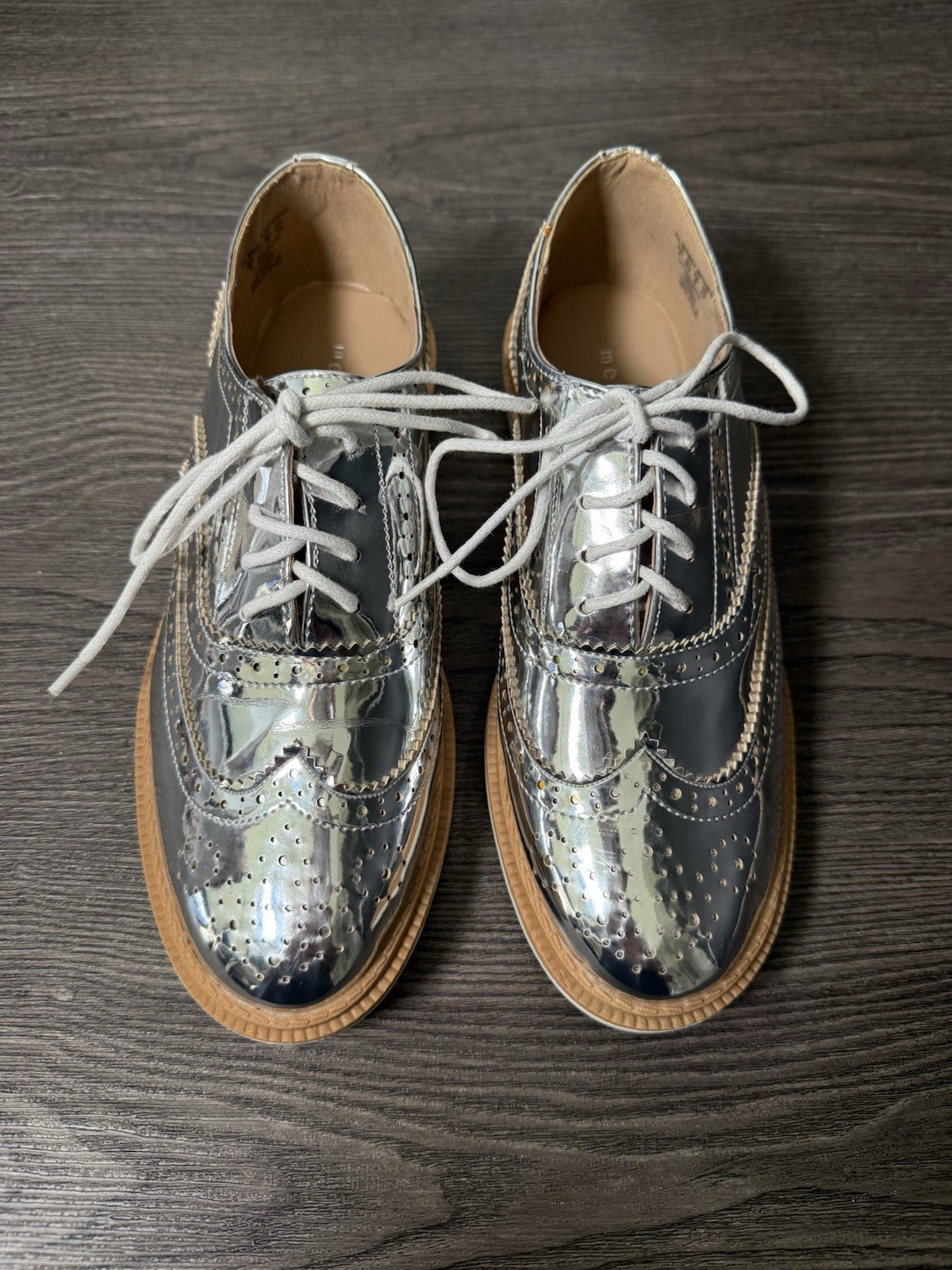 Metaphor Shiny Metallic Silver Wingtip Oxford Shoes Size 6