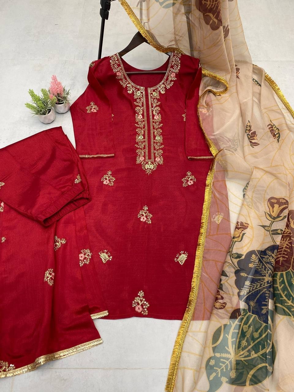 Designer Chinon Plazzo Suit Set Embroidery Sequence Wedding Ready M-XXL
