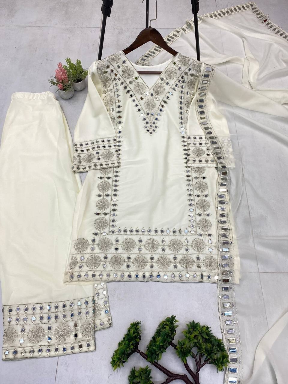 Presenting Off White Georgette Top And Palazzo With Dupatta For Party Wear