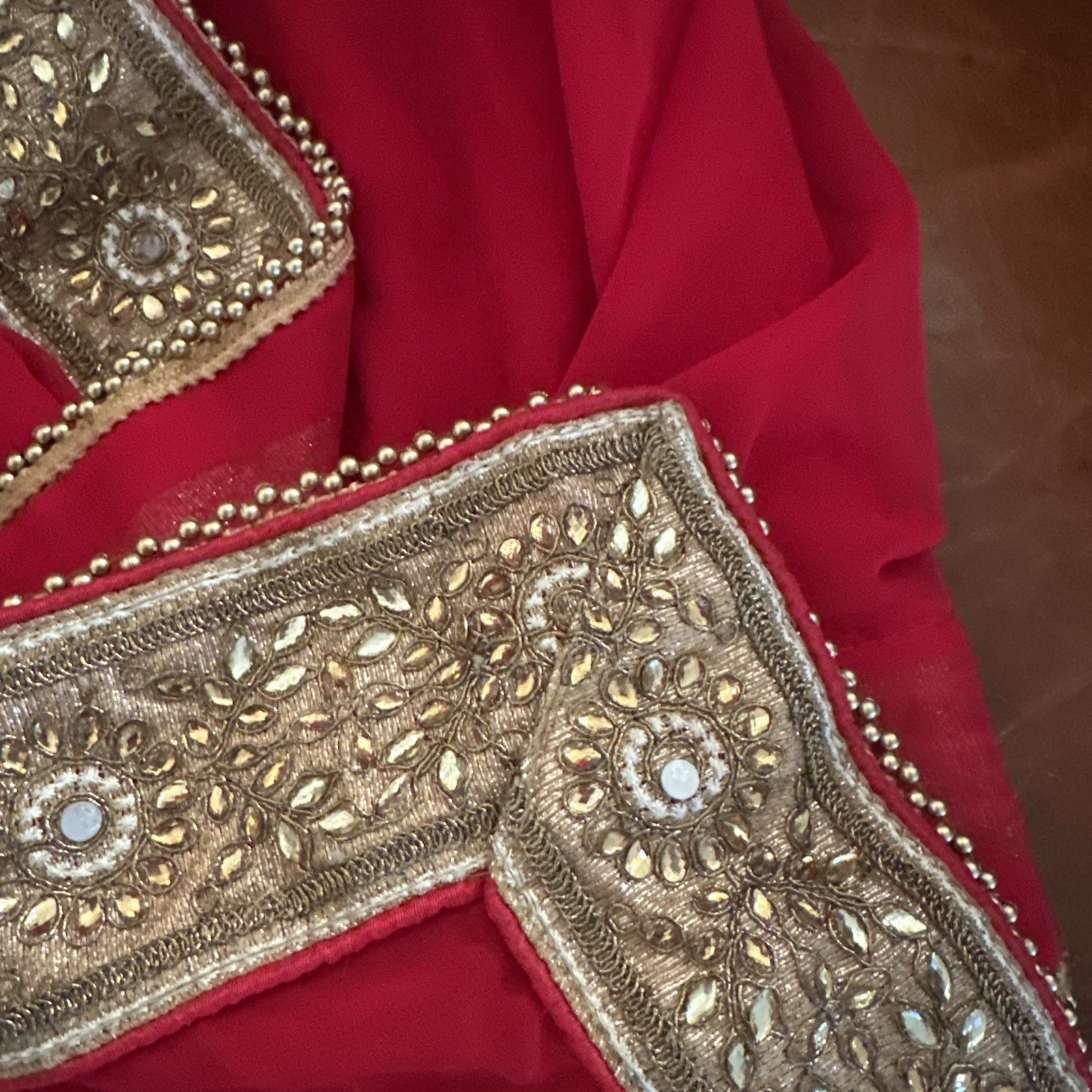 Beautiful Handmade Stamped Rekha Red & Gold Saree With Intricate Embroidery
