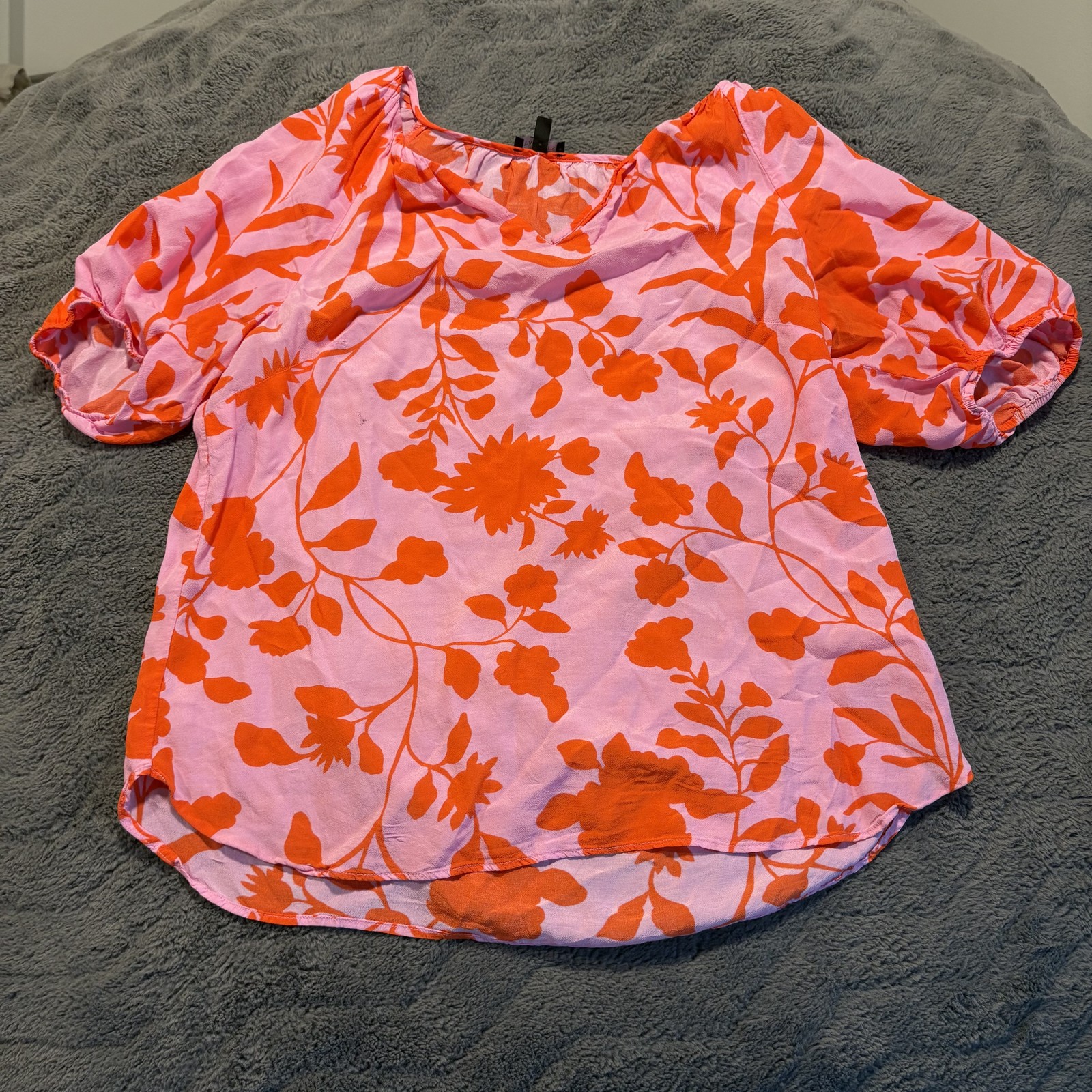 Talbots Women’s Floral Blouse Split Neck Puff Sleeve Boho Pink Orange Size M