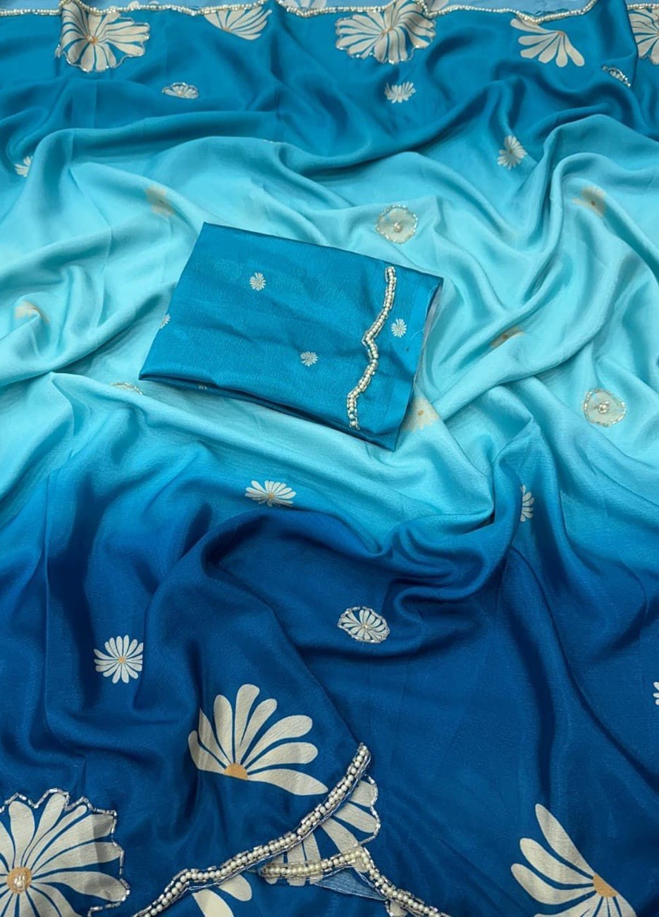 Soft Chinon Digital Print Silk Saree with Cutdana & Khatli Work| Moti Work Saree
