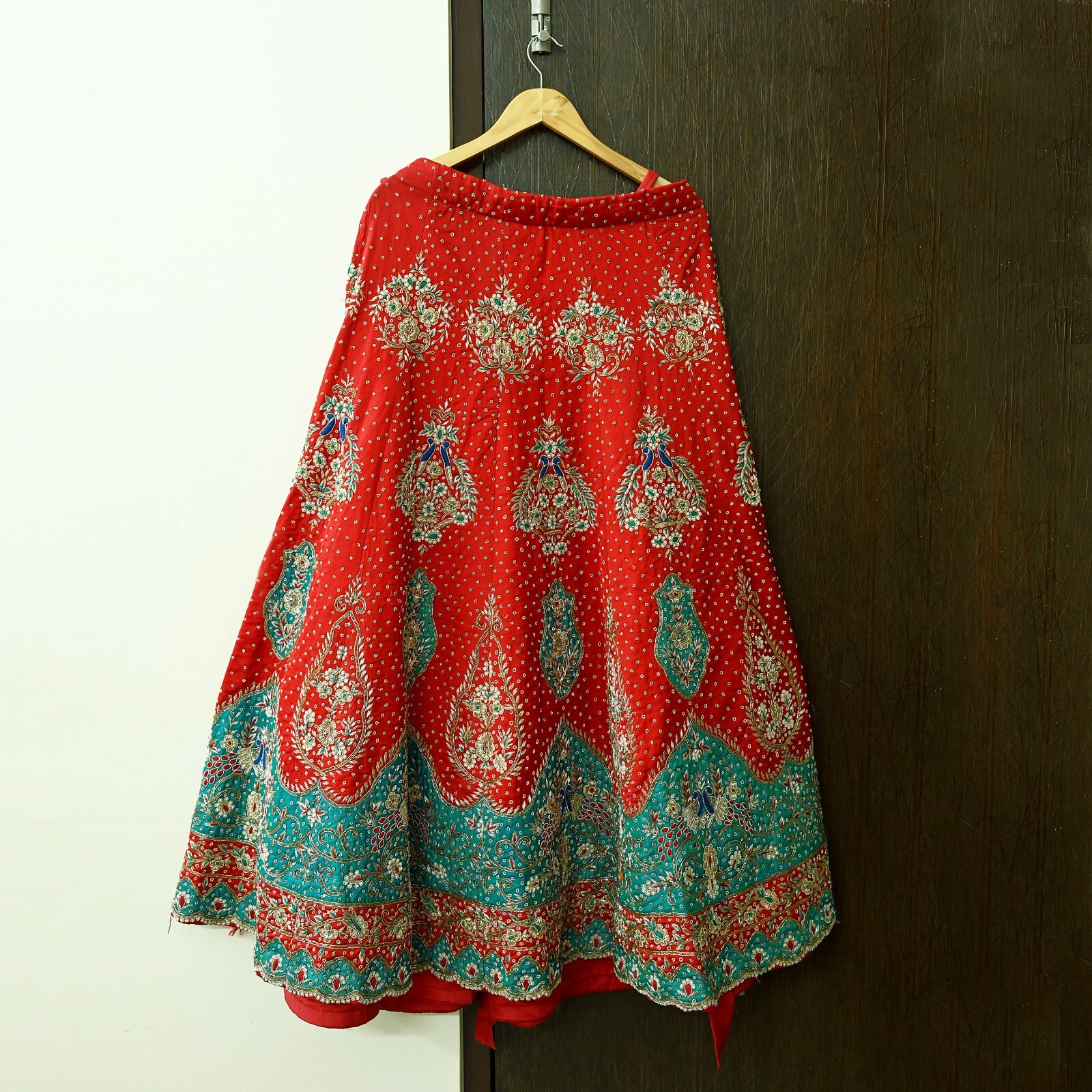 Pre-owned Red Satin Silk Hand Embroidered Designer By Anamika Khanna Lehenga Set