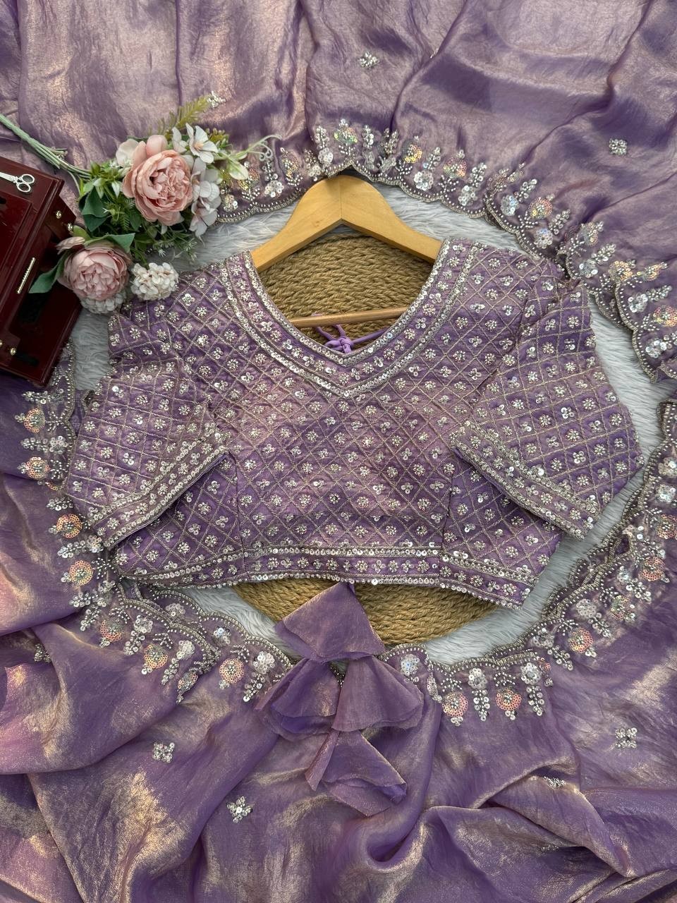 Indian Style Silk Lavender Saree With Blouse For Reception Wear