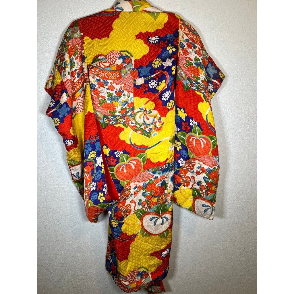 Vintage 70s Handmade Kimono Robe Japanese Childrens Multicolor Floral Fruit