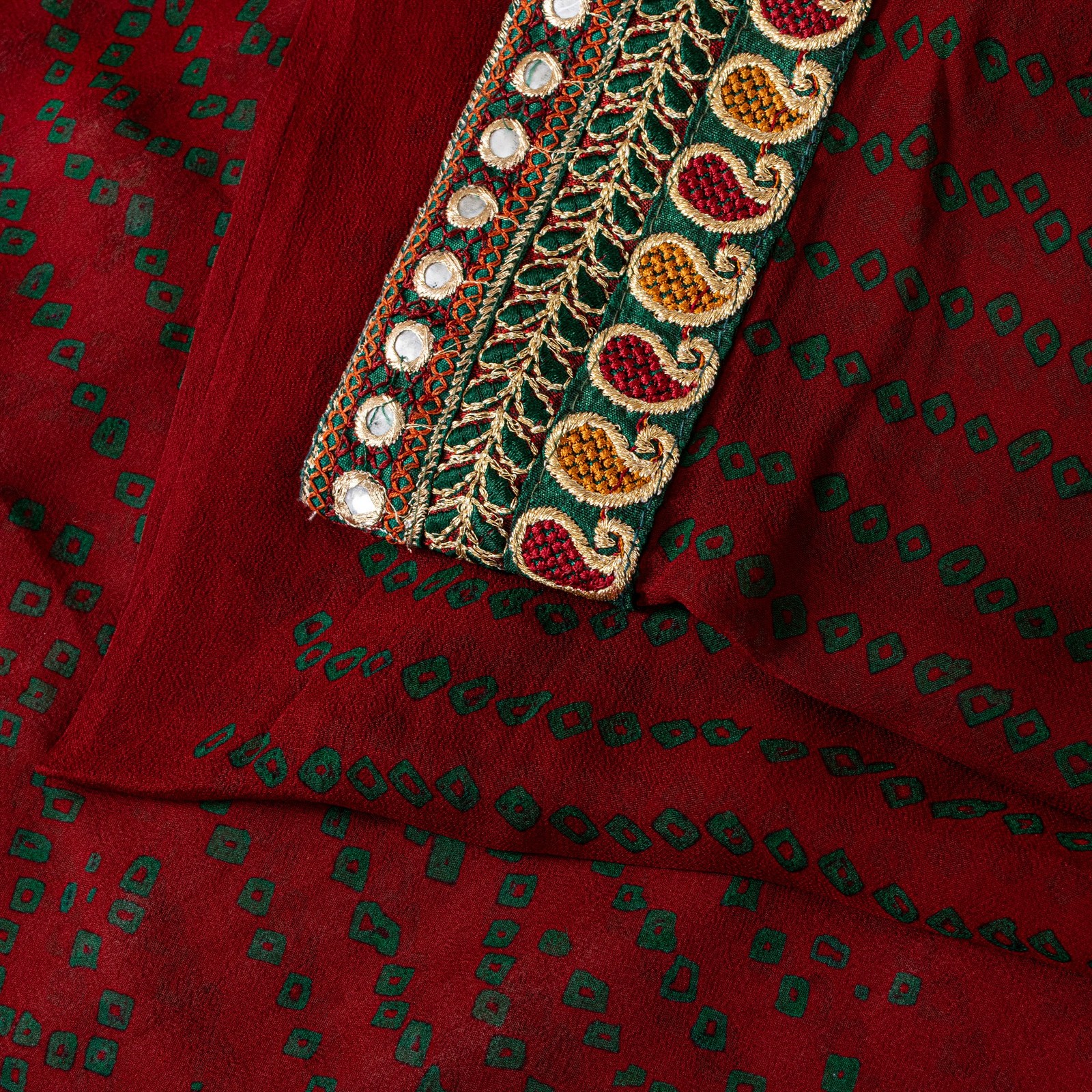 Sanskriti Vintage Pure Georgette Dark Red Saree Bandhani Embroidered Gujrat 6Yd