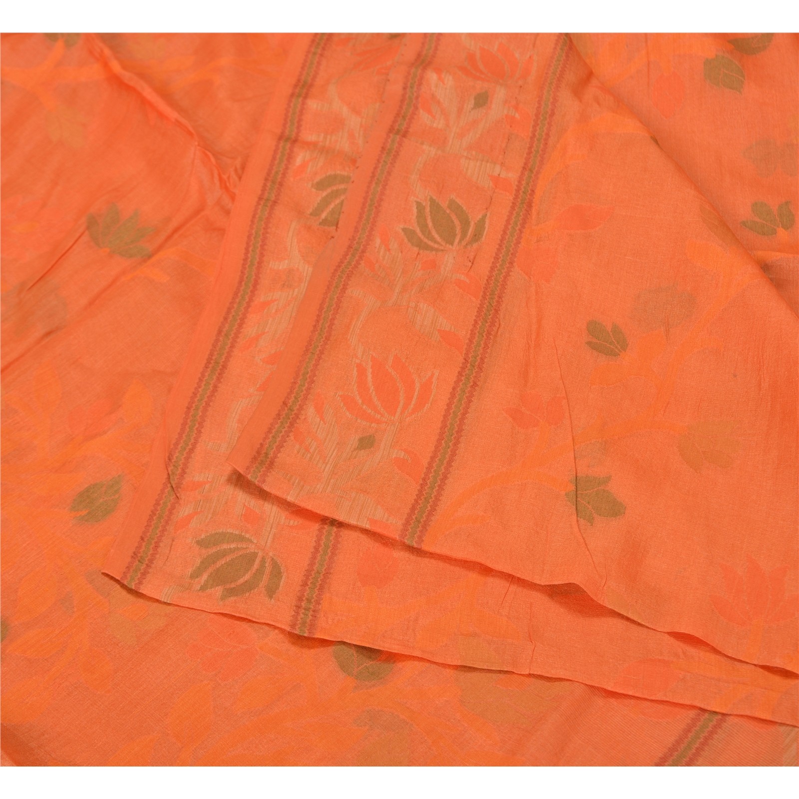 Sanskriti Vintage Orange Sarees Pure Silk Hand Woven Sari 5Yd Handloom Fabric