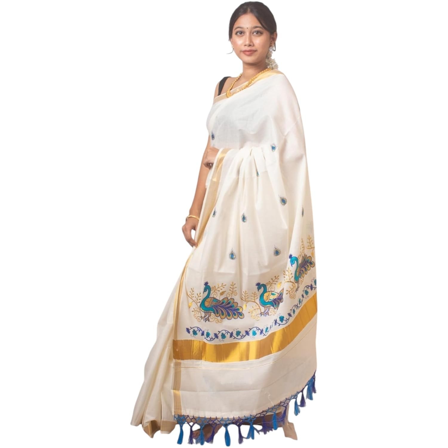 Women’s Kerala Kasavu Embroidry Cotton Saree With Running Blouse Piece