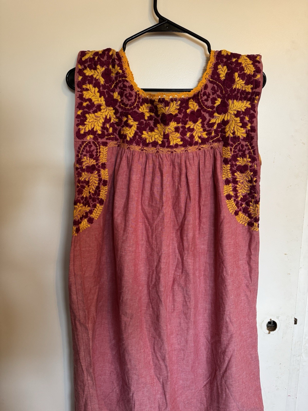 Mi Golondrina Mexico Yellow and burgundy Embroidered Blouse, Size S small