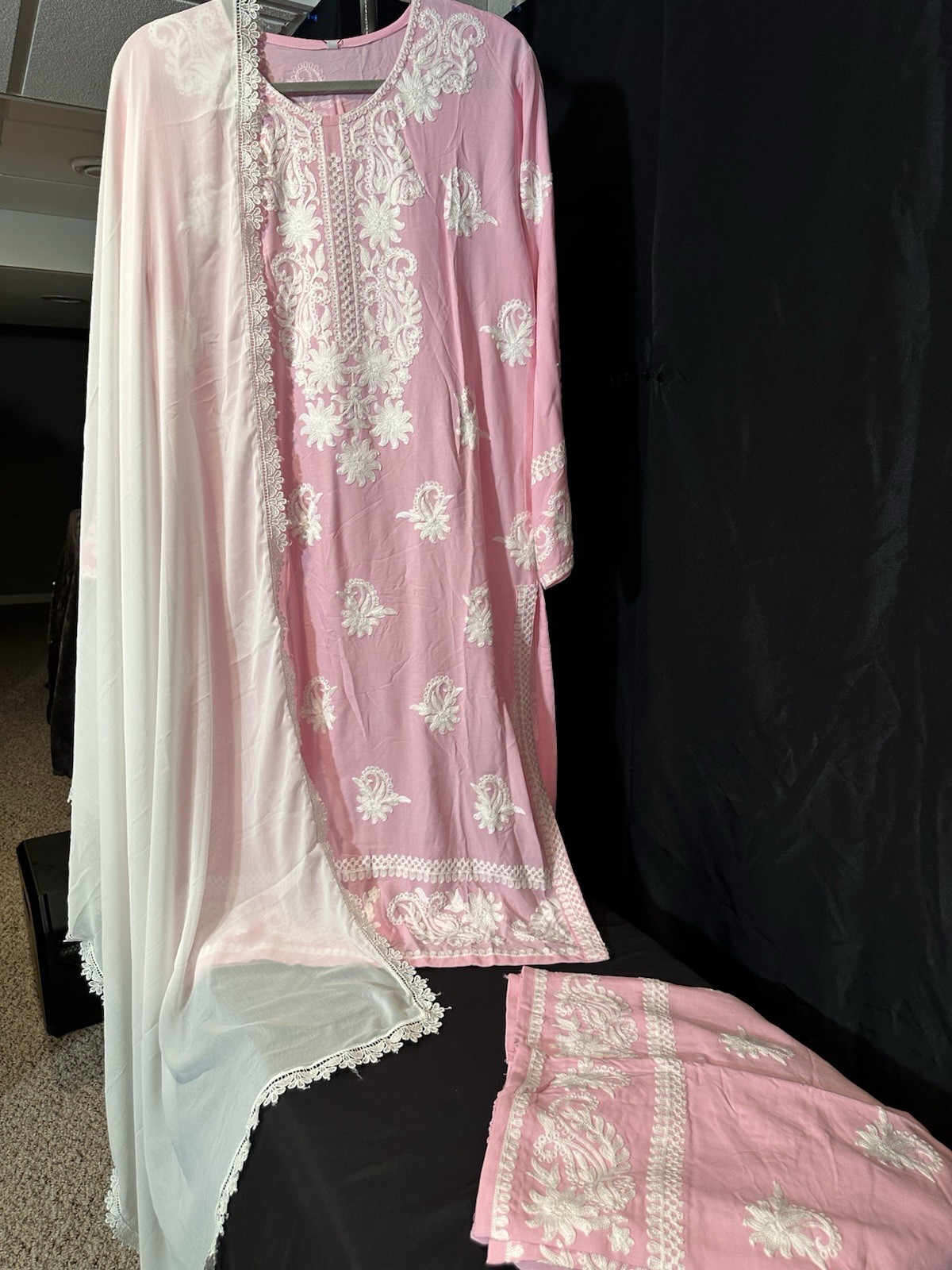 Beautiful soft linen Front & back emb-3 pc suit-emb plazo, laced dupatta-$44