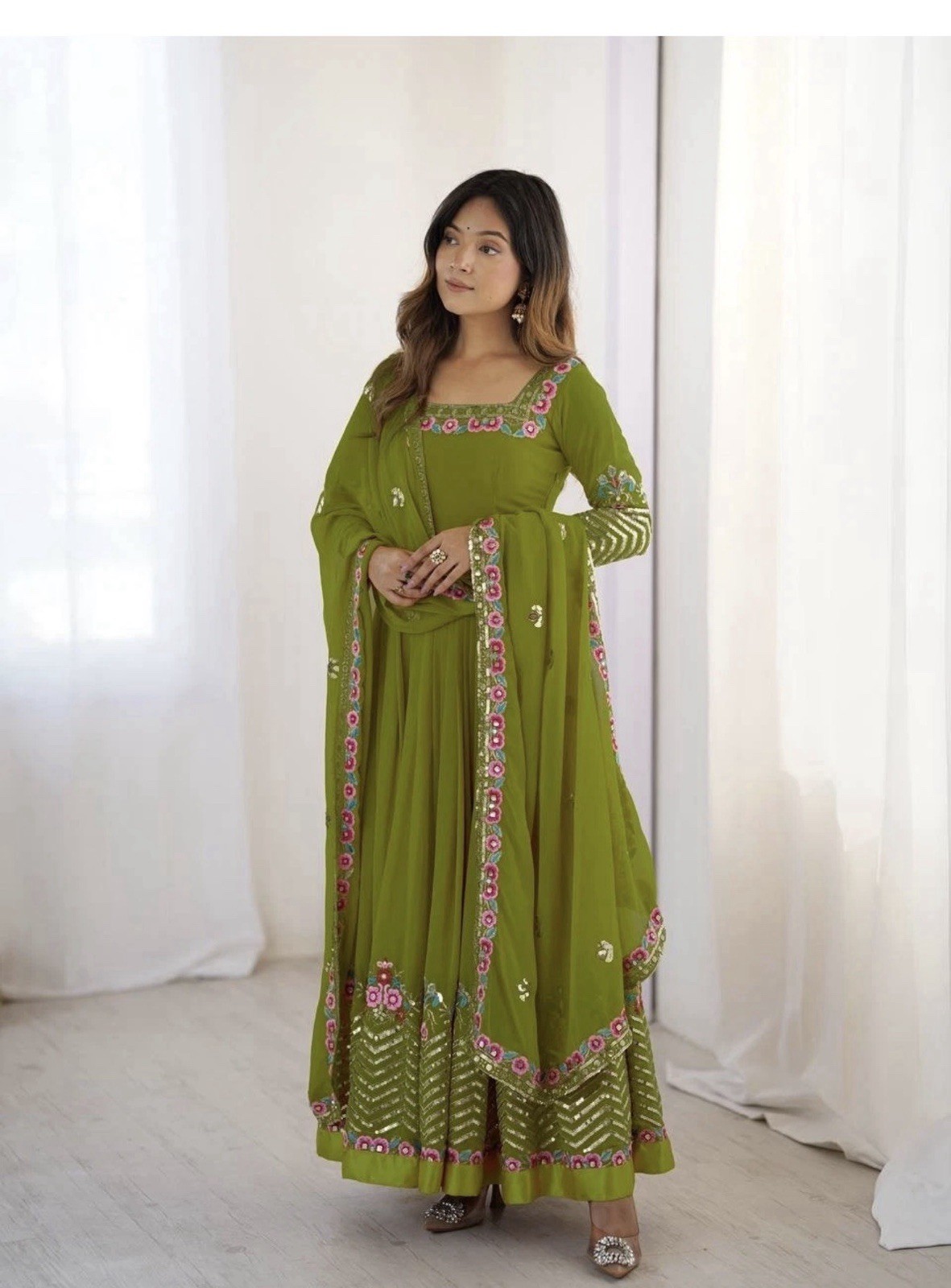 Launching New Georgette Parrot Green Gown Bottom With Dupatta For Wedding Wear